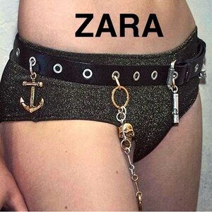 ZARA x KATE MOSS Black Leather Belt with Studs/Gold Charms - Size 34 (90) - NEW